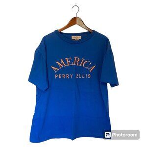 Perry Ellis America Blue S/S T-Shirt Men's Size XXL Orange Spell-out